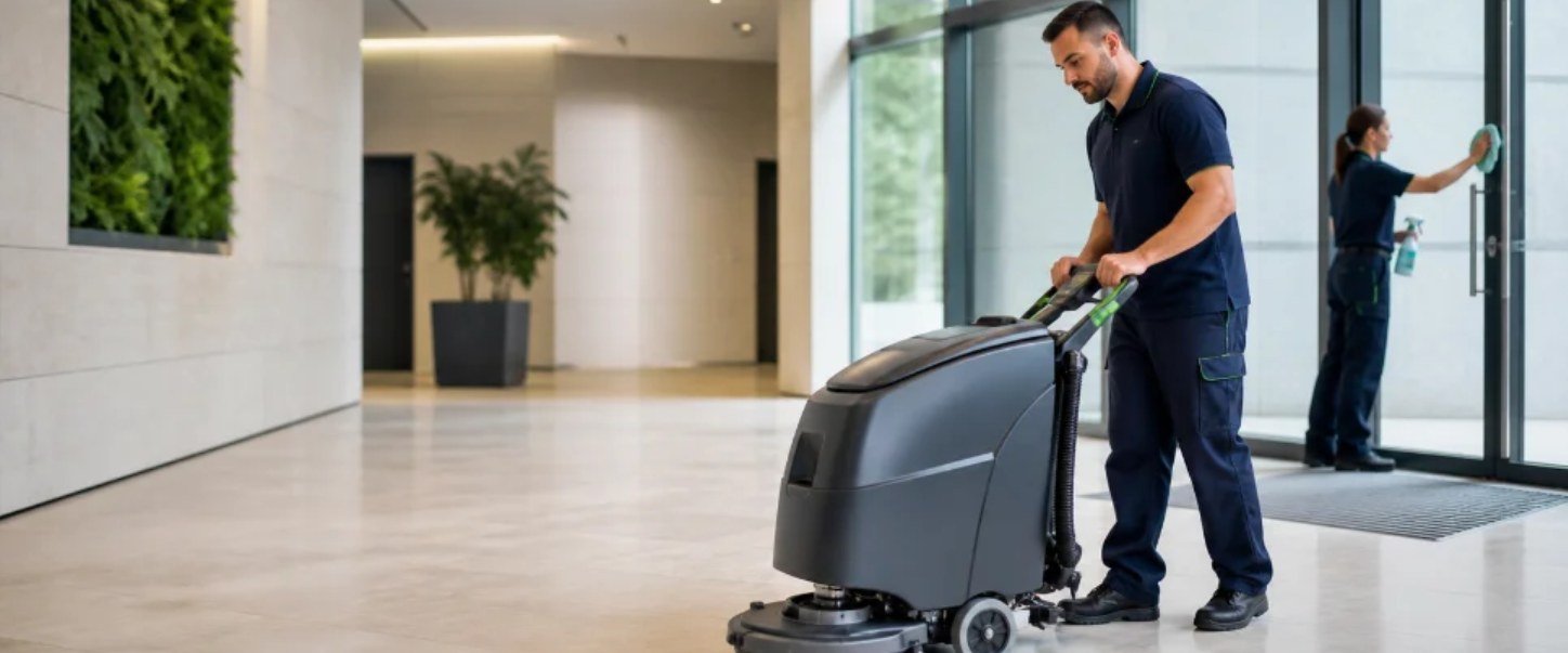 HK-Reinigungsteam bei der Arbeit in einem modernen Foyer: Reinigungsmaschine und Glasreinigung